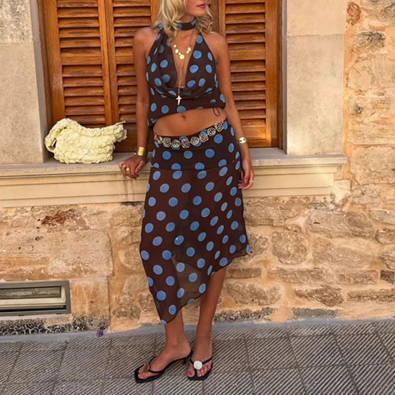 Polka Dot Halter Chic Crop Top And Skirt Set for Women