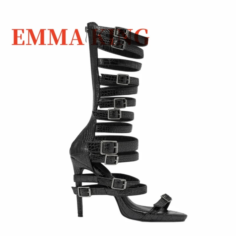 Crocodile Embossed Open Toe Gladiator Sandals With Back Zipper for Women