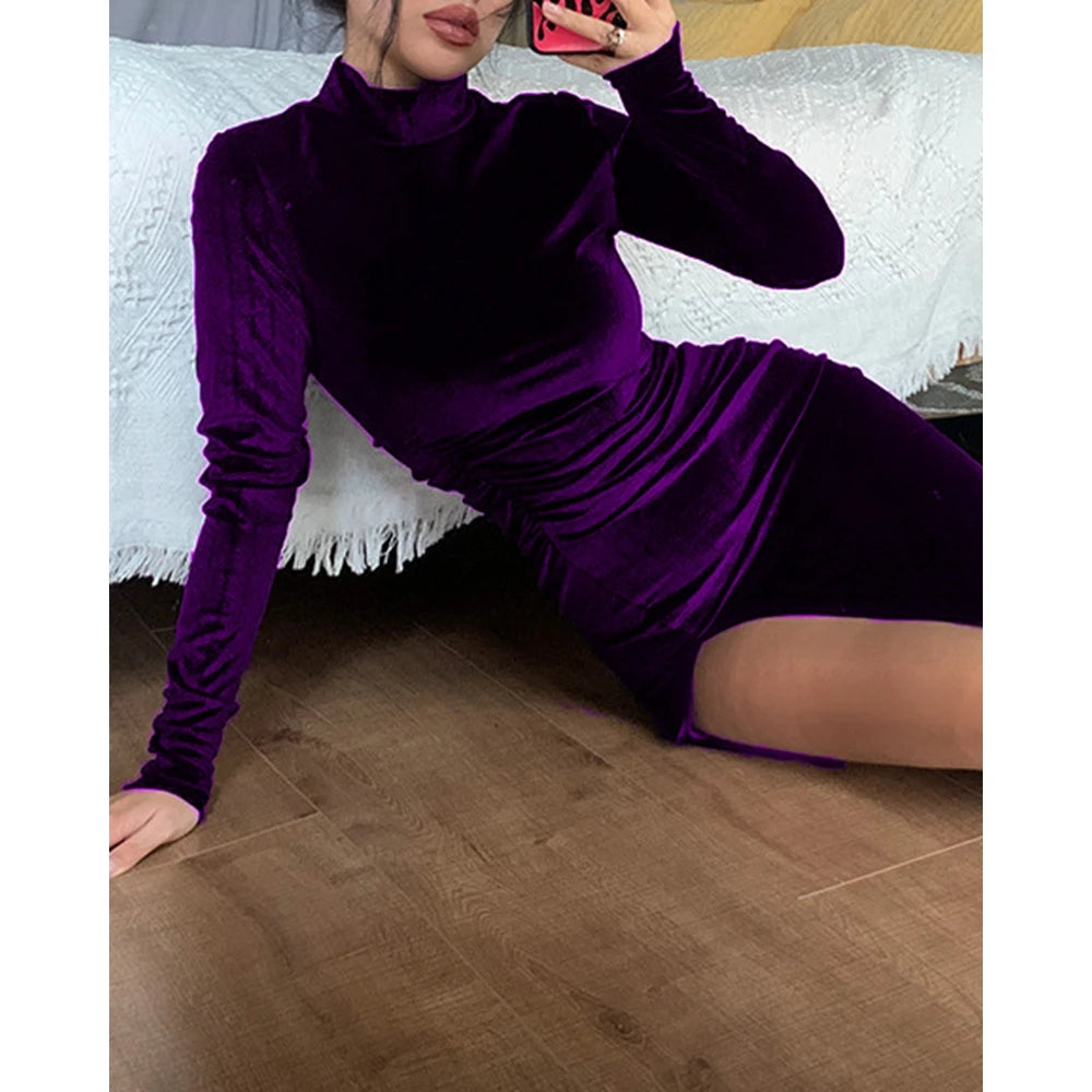 Mock Neck Long Sleeve High Slit Maxi Velvet Dress