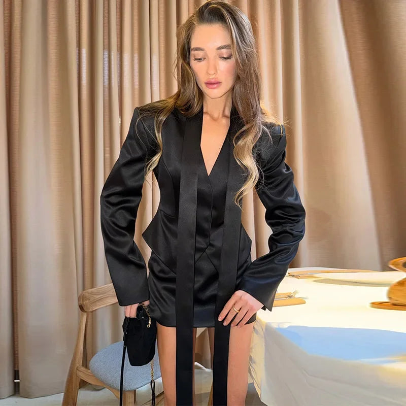 Turn-Down Collar Tailored Blazer Skirt Set for Women