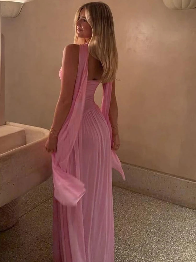 Mesh Shirred Strapless Maxi Dress