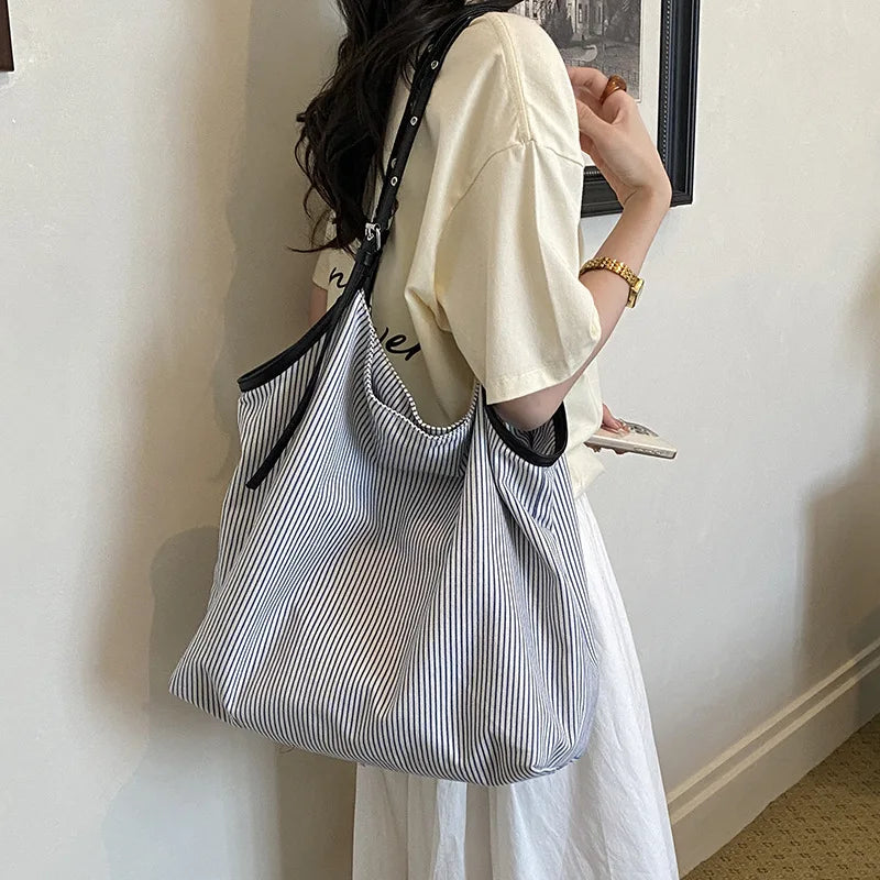 Casual Stripe Canvas Lightweight Shoulder Tote Bag for Women