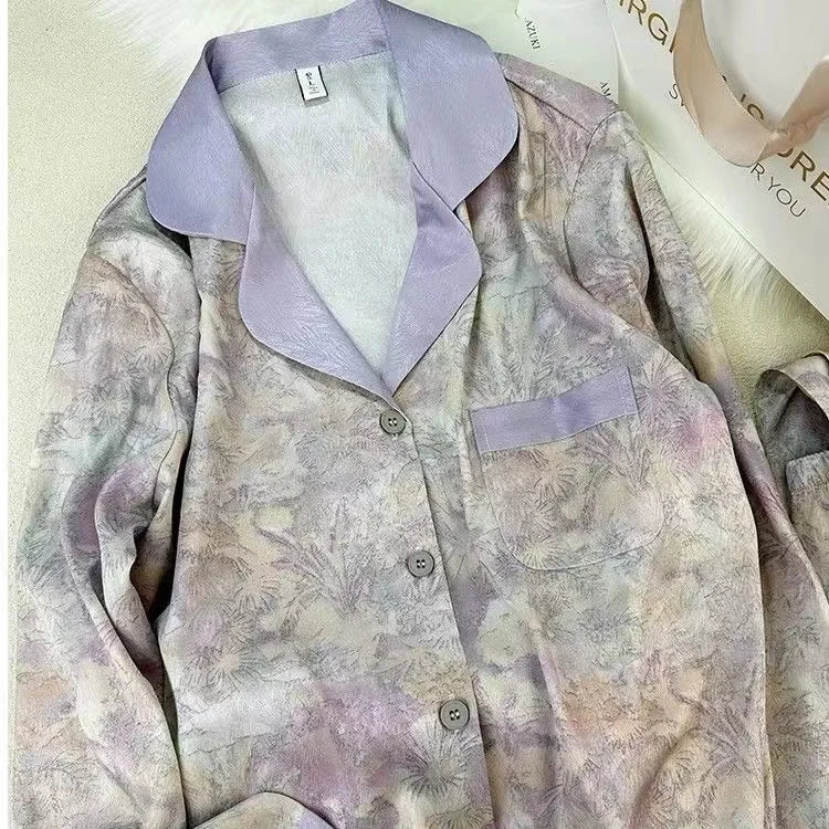 Flowers Twill Print Classy Women's Pajamas Spring Autumn Two-piece Sets Long Female Lounges Simulated Silk 2024 New Y2k Homewear