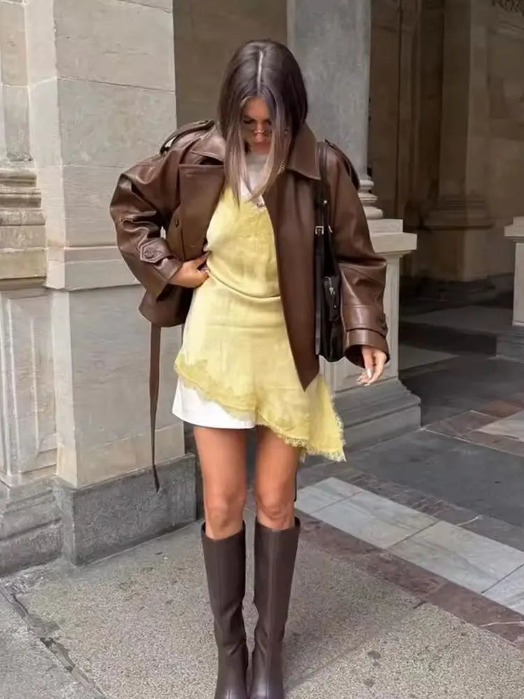 Oversized Double Breasted Faux Leather Lace Up Jacket for Women