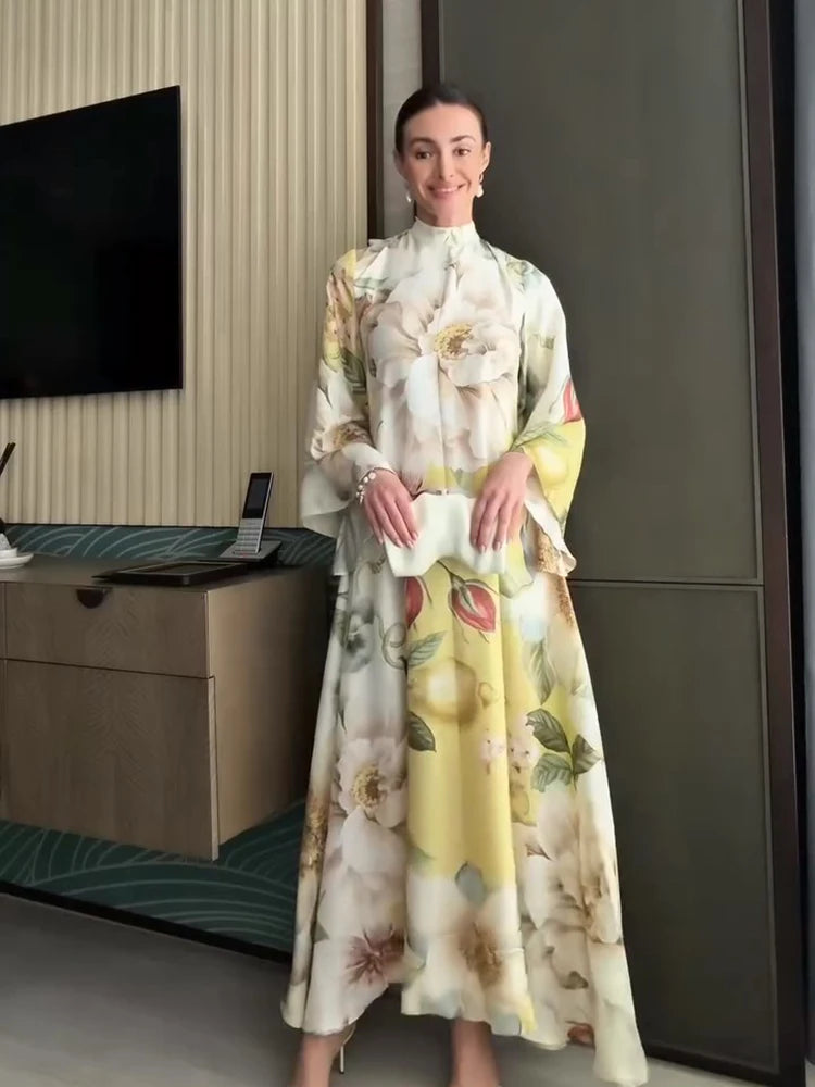 Elegant Print Dress with Stand Collar and Flare Sleeves for Women