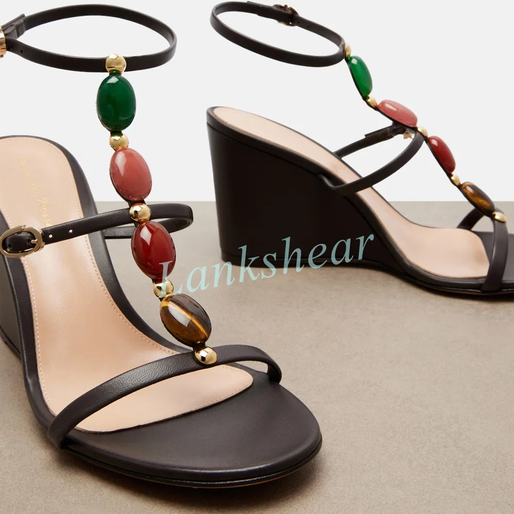 Multicolor Stone Embellished Ankle Buckle Wedge Sandals for Women