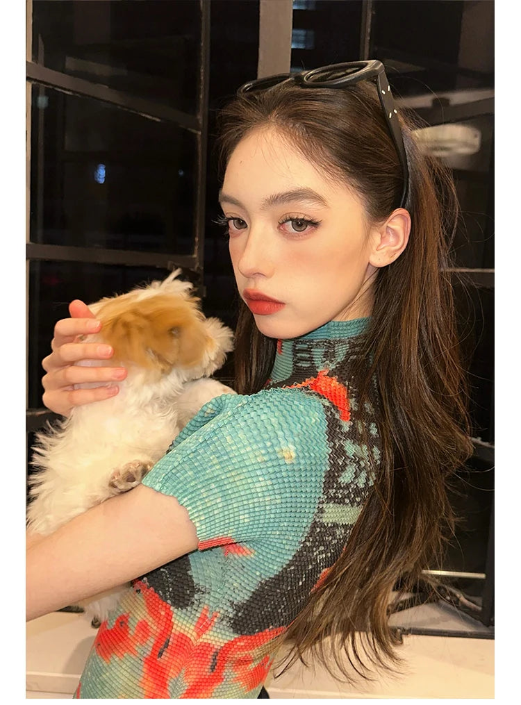 Women Bodycon T-Shirts Short Sleeve Tie Dye Tees Stretch Crop Tops Goblin Core 2000s Coquette Gyaru Aesthetic Kpop Kawaii Summe