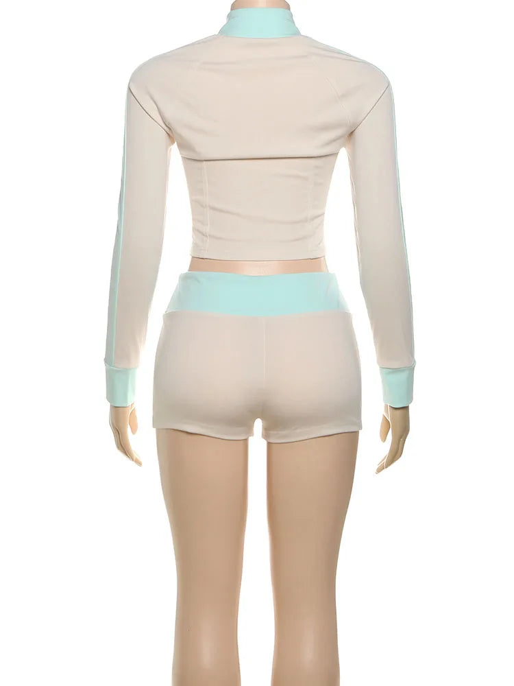 Sisterlinda Casual Sporty 2 Piece Set Women Letter Embroidery Zip Navel Exposed Jacket+Contrast Patchwork Shorts Simple Outfits