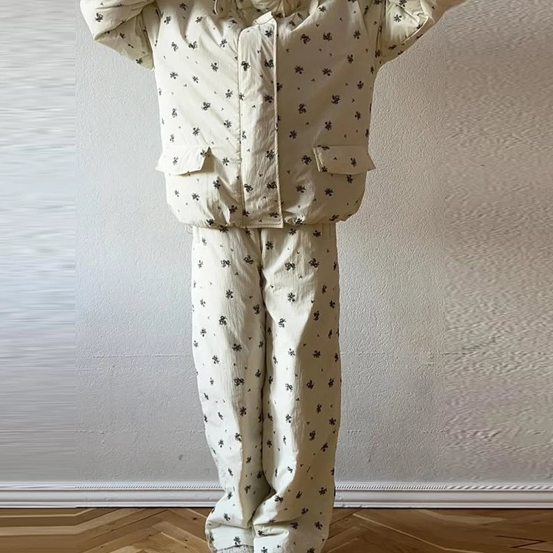 Striped Hooded Puffer Jacket and Wide Leg Pants Set for Women