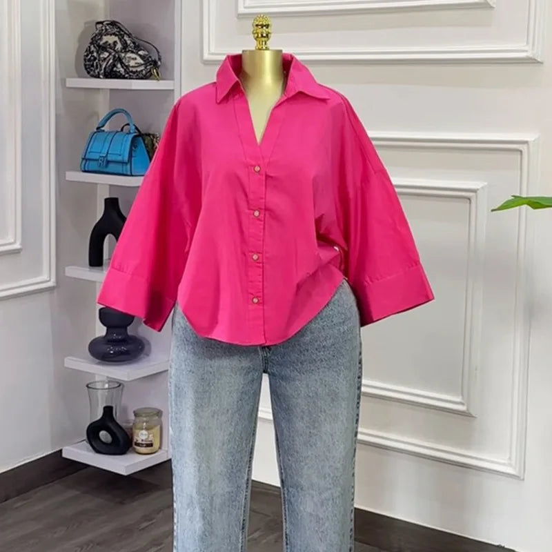 Striped Long Sleeve Turn Down Collar Blouse Shirt for Women