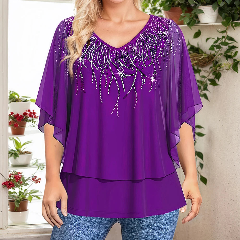 Women’s Plus Size Elegant Blouse Lace Patchwork 3/4 Sleeve Chiffon V-Neck Sequins Printed T-Shirt Double Layer Loose Female Tees