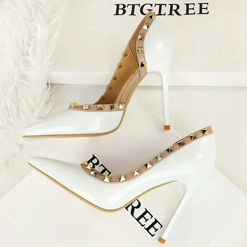 Rivet Detail Patent Leather High Heel Pumps for Women