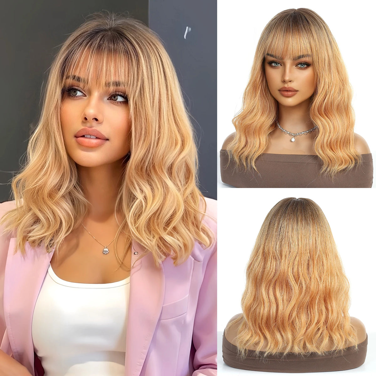 Medium Length Ombre Wavy Blonde Wig With Bangs for Women