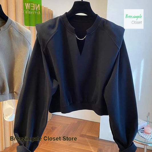 French style V-neck shoulder pads short sweater women's spring and autumn new fashion casual loose niche bottoming shirt