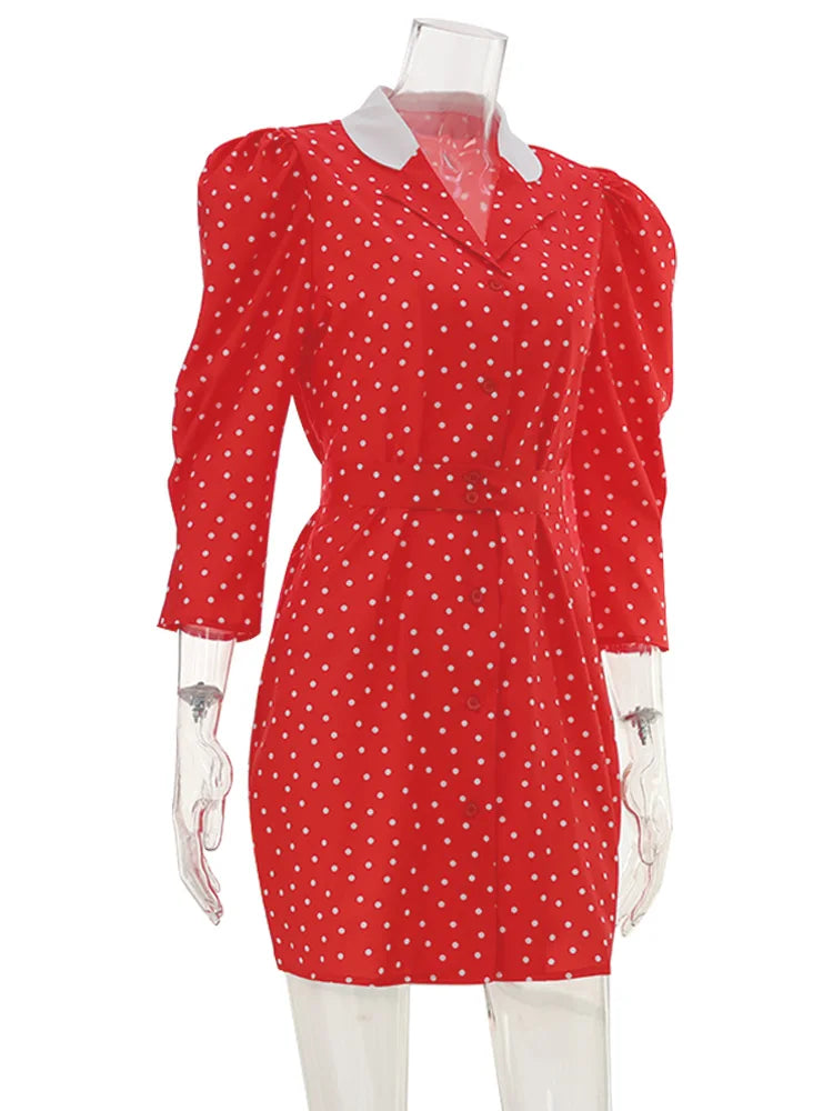 Elegant Polka Dot V Neck Puff Sleeve Mini Dress for Women