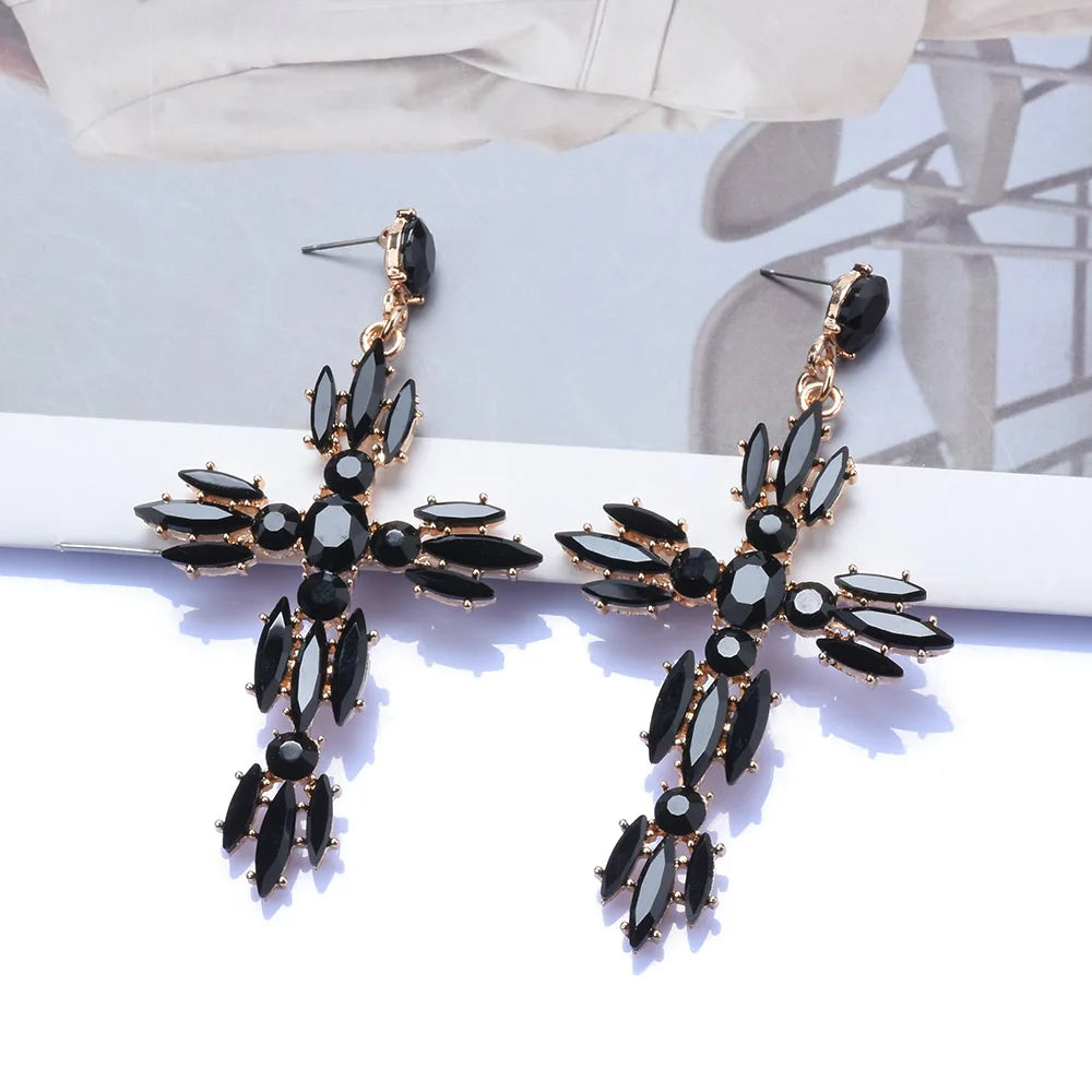 Black Crystal Rhinestone Cross Dangle Earrings for Women