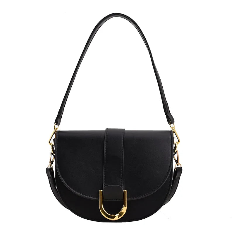 Solid Color Leather With Golden Hardware Saddle Shoulder Bag for Women