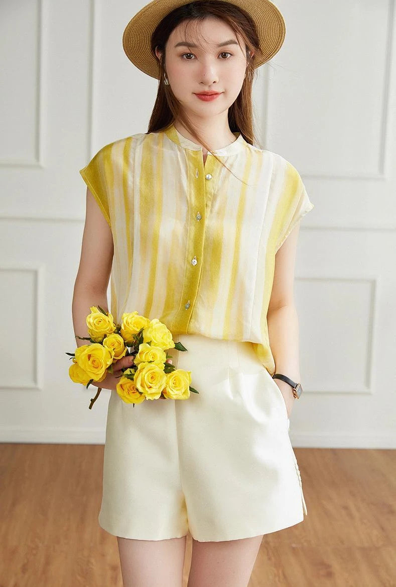 Women's Shirt and Blouse Chiffon Yellow Sleeveless Striped Female Tops Loose Summer Button Up Y2k Fashion Sale of Pretty Xl M