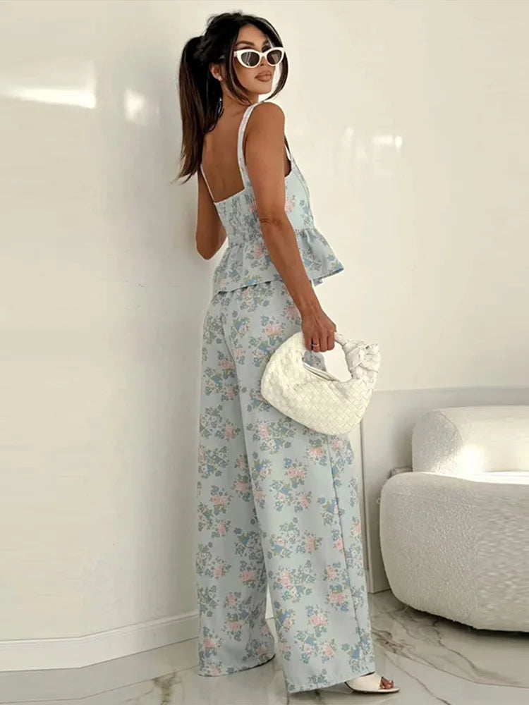 Floral Print Ruffle Wide Leg Pants Two Piece Set For Women