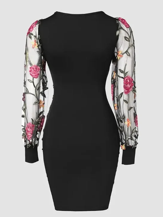 Floral Embroidered Mesh Sleeve Midi Dress for Women