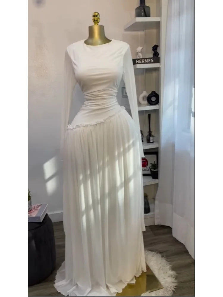 Elegant Pleated O Neck Long Sleeve Maxi Dress For Women