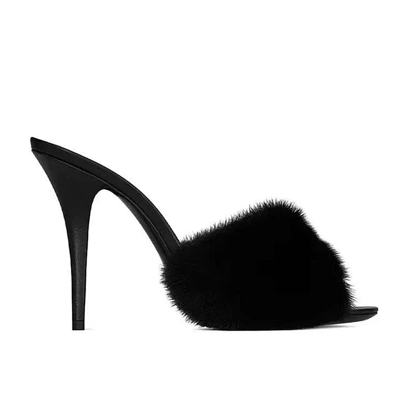 Fur Trim Open Toe Stiletto Party Sandals for Women