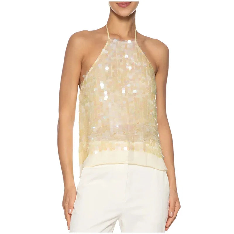 Elegant Sequined Mesh Backless Halter Top for Women