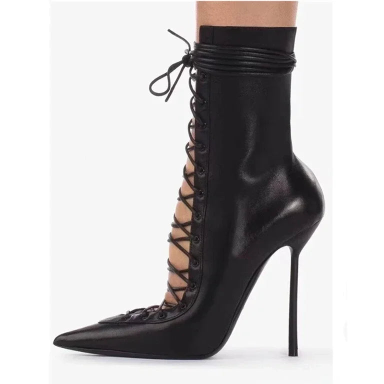 Lace Up Knee High Heeled Boots With Side Zipper for Women