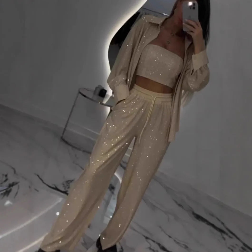 Casual Sequined Blazer With Wide Leg Pants Set For Women