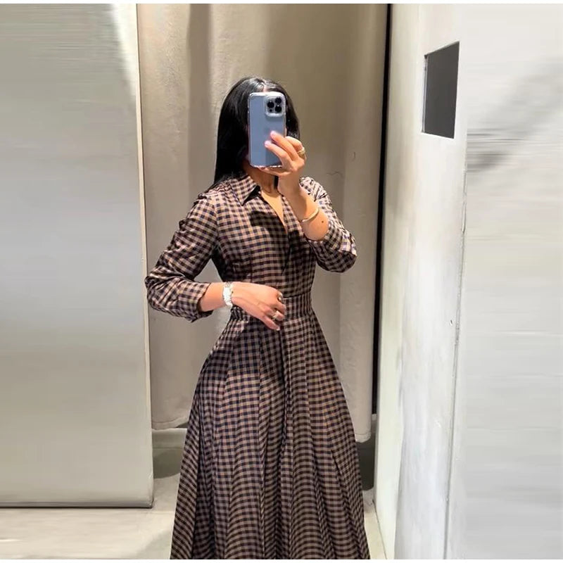 Elegant Plaid Women's Long Dresses Loose Tie Up Bow Laple Full Sleeve A-line Dress For Woman 2026 Spring New Lady Party Robes