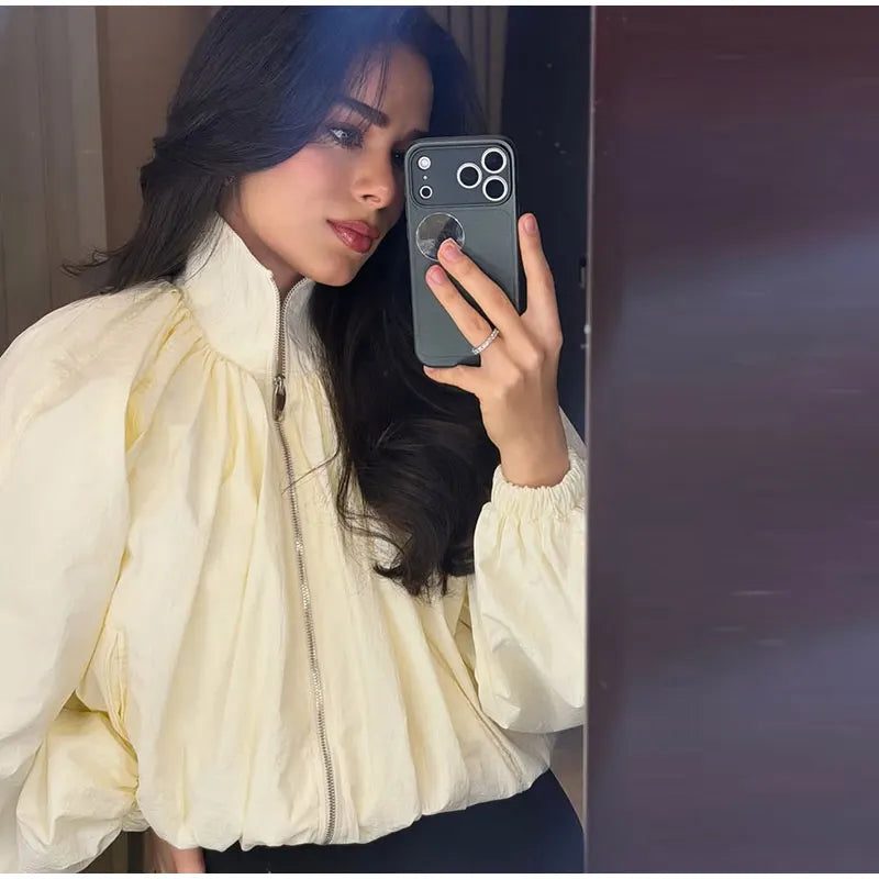 Zip Up High Neck Puff Sleeve Cropped Jacket For Women