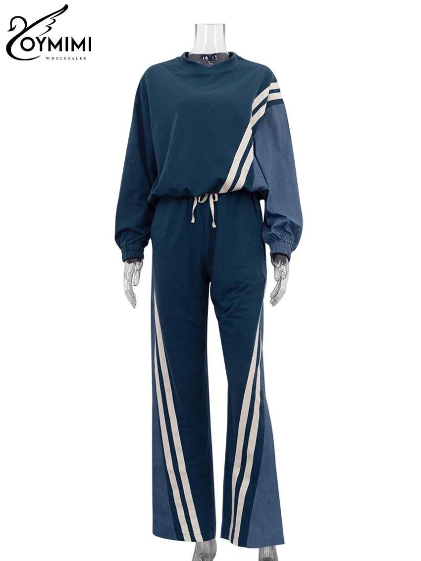 Oymimi Casual Blue Patchwork Sets For Women 2 Pieces O-Neck Long Sleeve Blouse And Drawstring Straight Sweatpants Set Streetwear