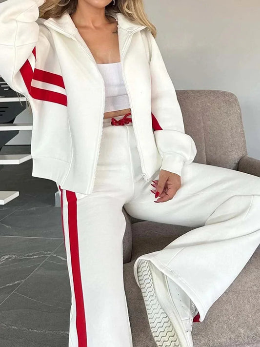 Women Casual 2025 Long Sleeve Simple Outfit, Spring Autumn Wide Leg Pants Fashion Suits, Turn-Down Collar Patchwork Ladies Sets