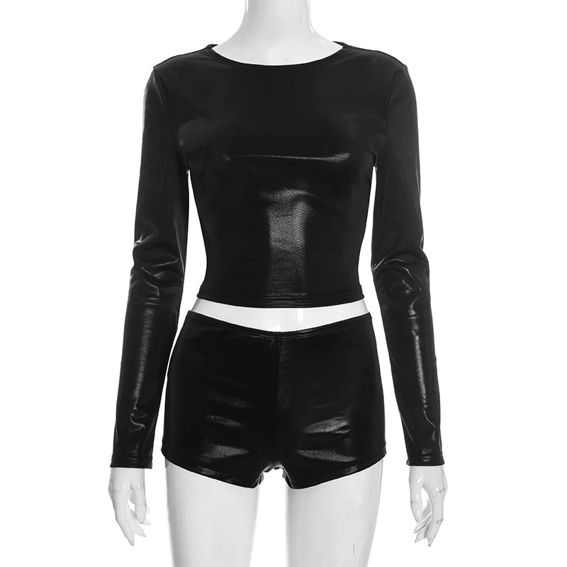 Silk Long Sleeve Two Piece Set Crop Top and Shorts for Women