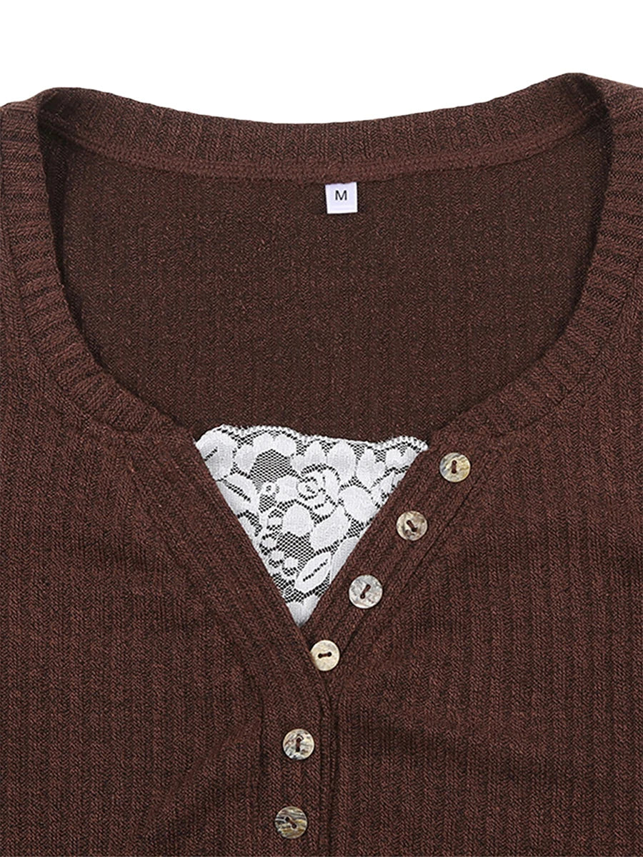 Button Front Lace Patchwork Slim Fit Knit Top for Women