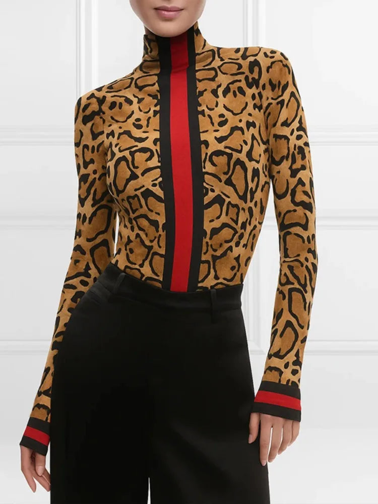 Women's Slim Fit Leopard Printed Turtleneck Blouse Fashion Contrast Striped Long Sleeves Casual Daily Office Basics Tops
