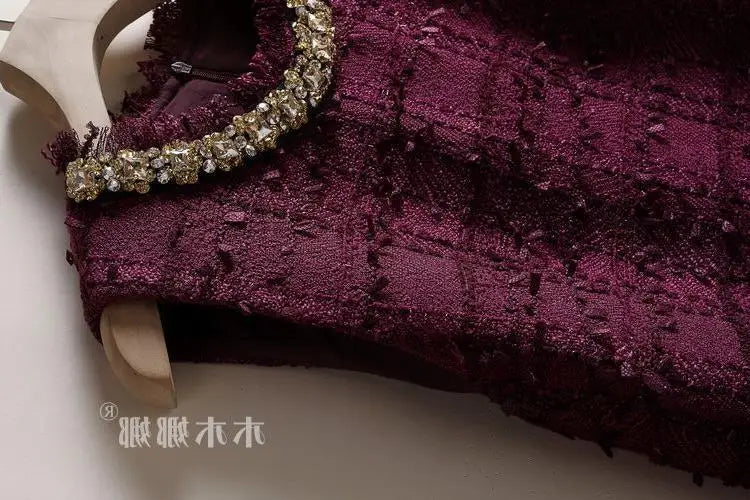Elegant Tweed Beaded Pocket A-Line Dress for Women