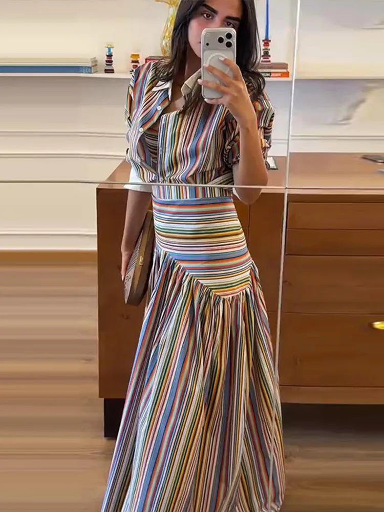Elegant Multicolor Striped Puff Sleeve Maxi Dress For Women
