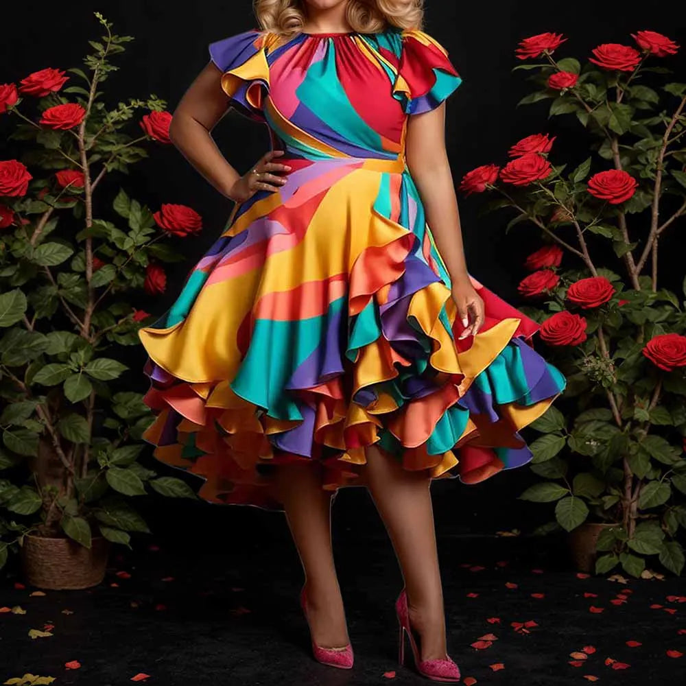 Plus Size Vintage Satin Colorblock Dress