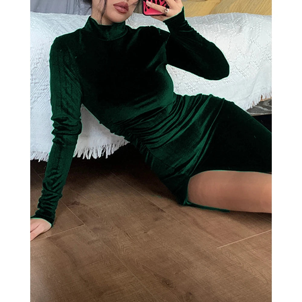 Mock Neck Long Sleeve High Slit Maxi Velvet Dress