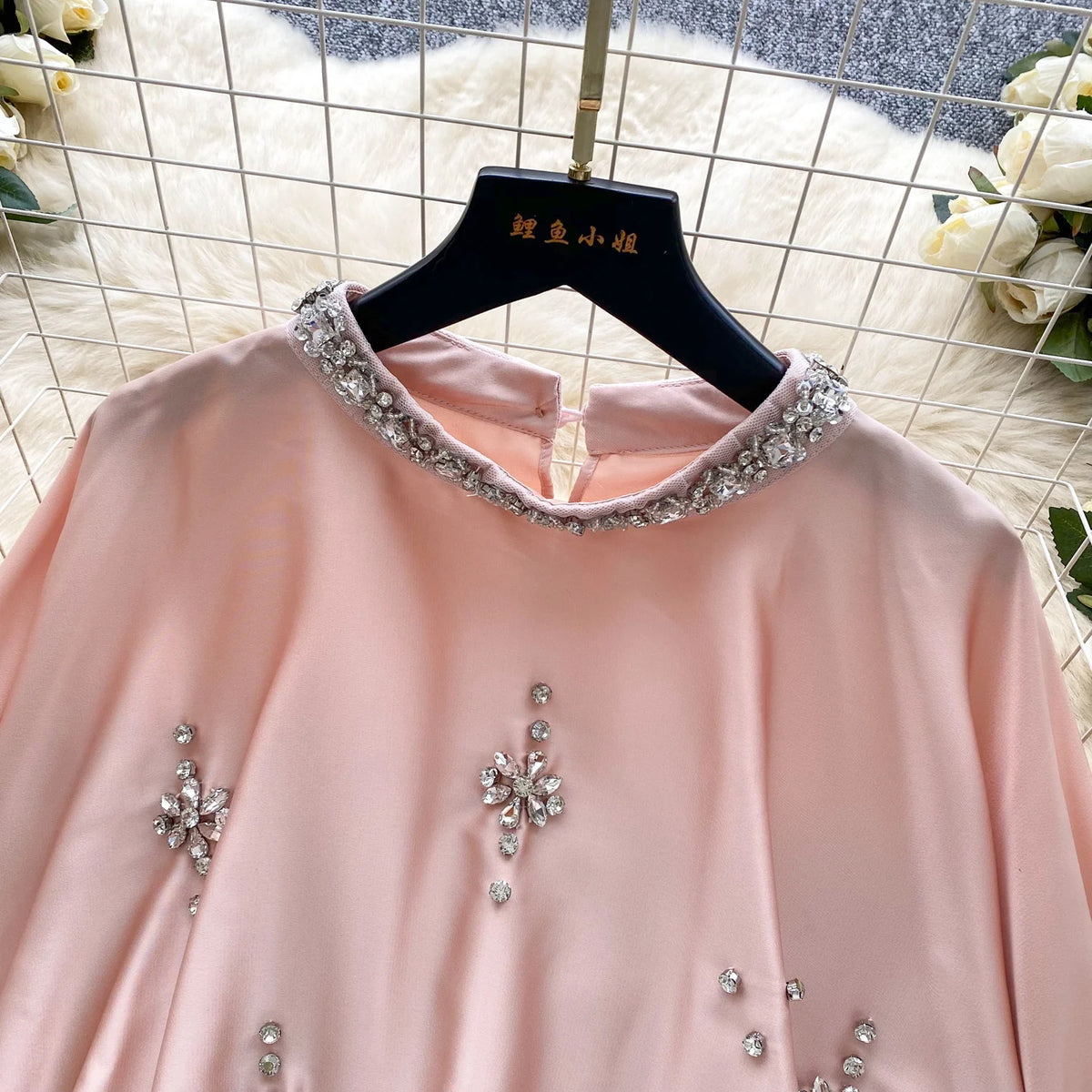 Elegant Beaded Satin Batwing Sleeve Blouse for Women