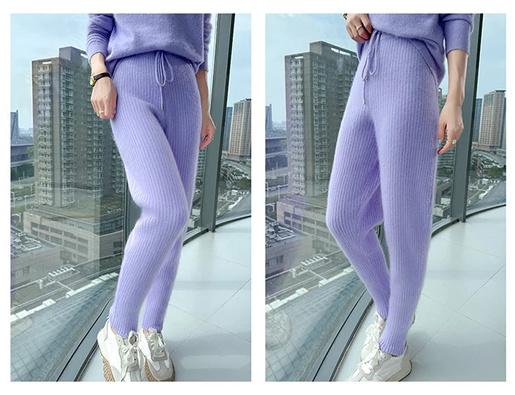 Warm Knit Elastic Waist Slim Fit Trousers for Women