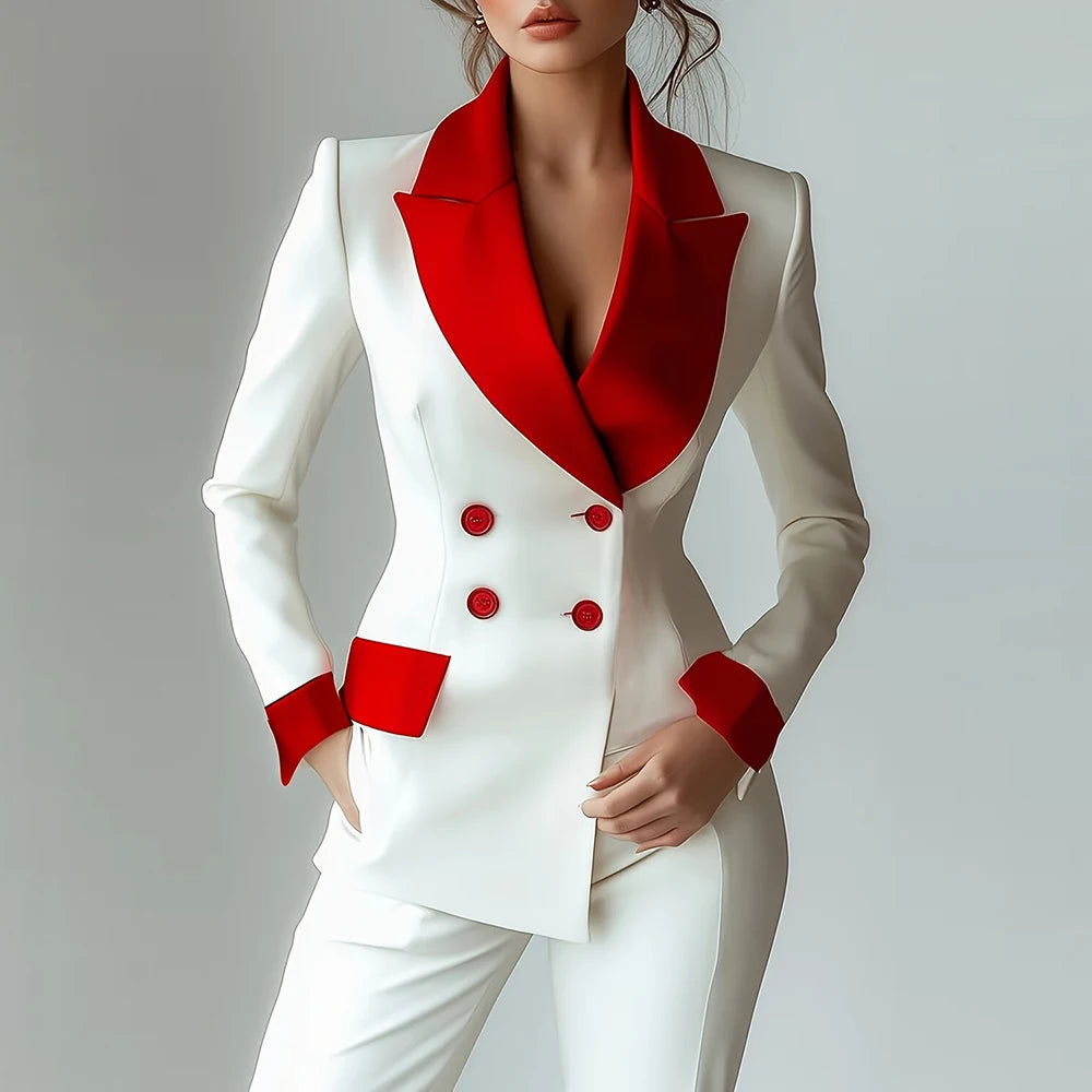 Elegant Contrast Lapel Double Breasted Suit Jacket For Women