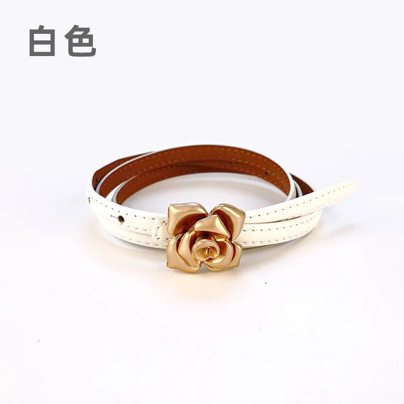 Double Sided Metal Flower Buckle Thin Belt for Women