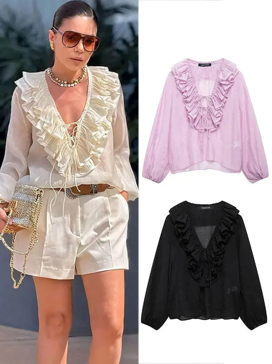 Ruffle Trim Retro V Neck Top