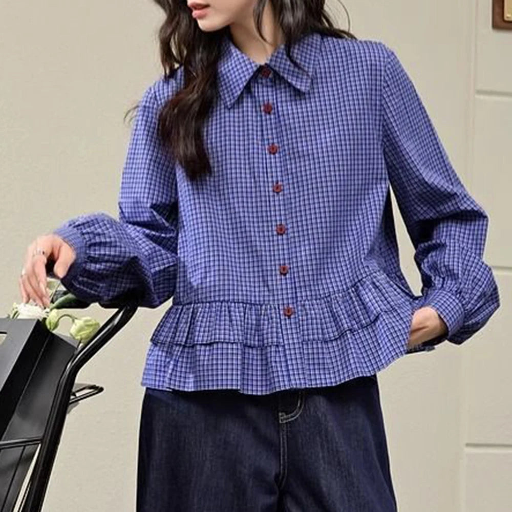 Blue Checkered Ruffle Trim Blouse With Turn Down Collar for Women