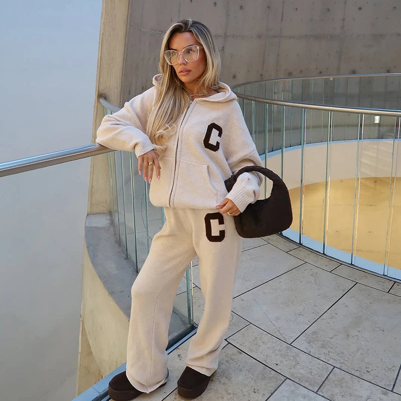 Letter Print Hooded Two Piece Set With Wide Leg Pants for Women