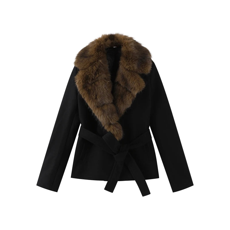 Shawl Faux Fur Coat With Lace Up Belt for Women