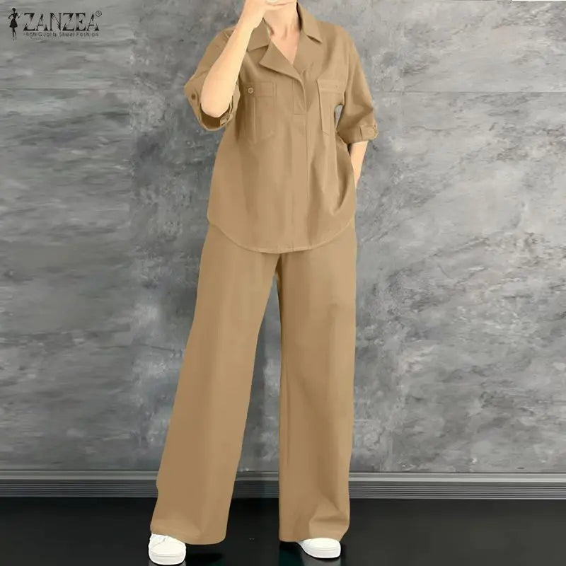 Loose Blouse And Wide Leg Pants Set