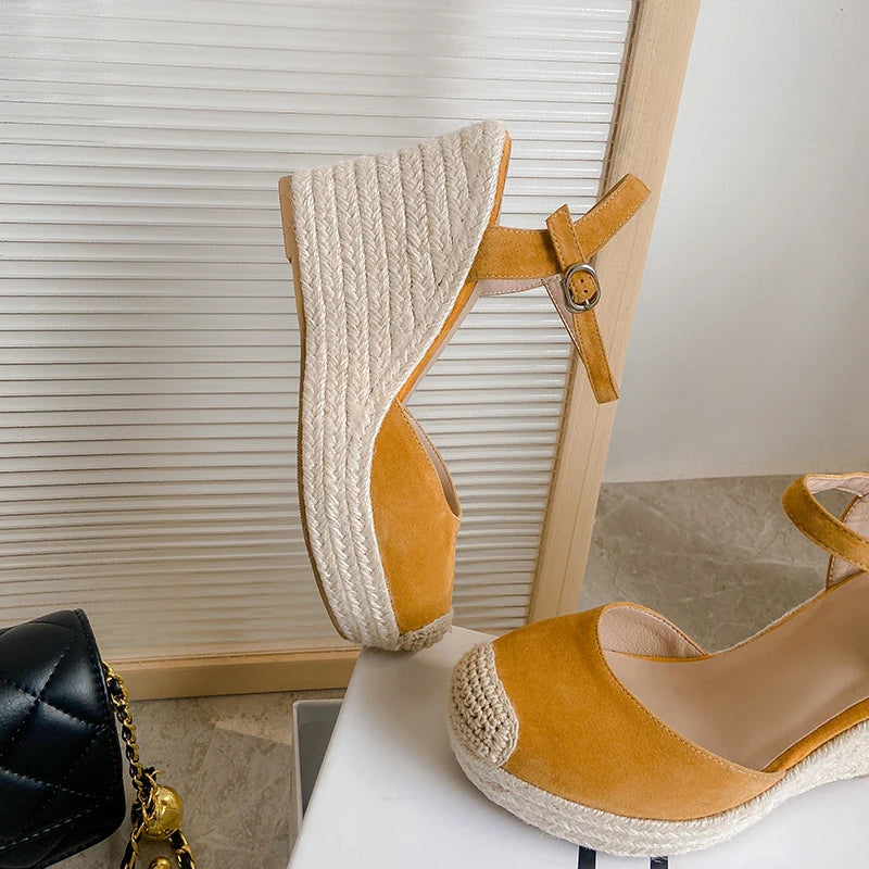 Elegant Apricot Suede Wedge Platform Sandals for Women